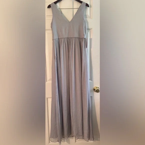 NWT BHLDN Anthro XL Kia Sleeveless Maxi Bridesmaid Dress Fog Chiffon VNeck  Ruche